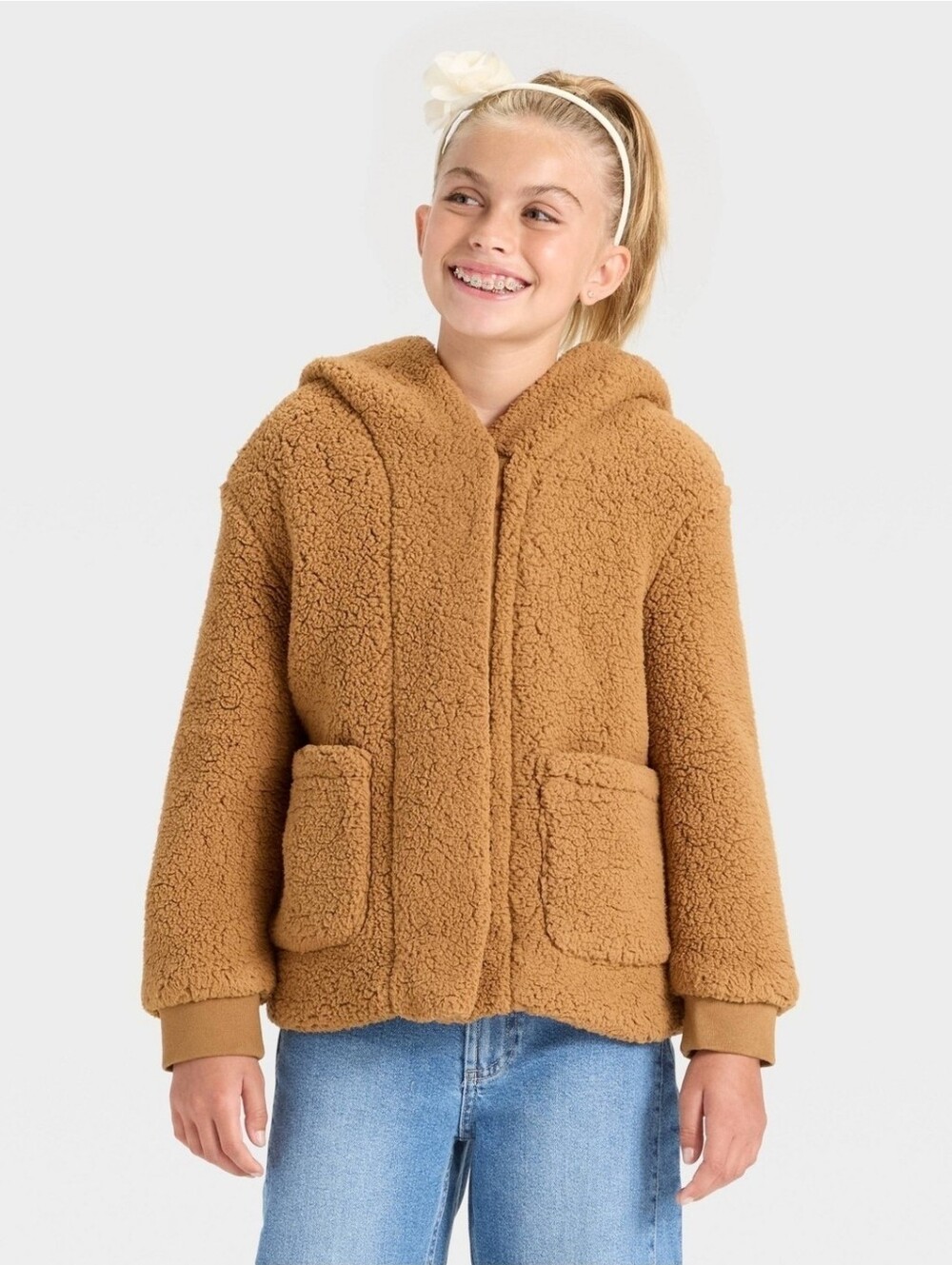 Cat & Jack Girls' Faux Shearling Jacket, Light Brown Size S 6-7